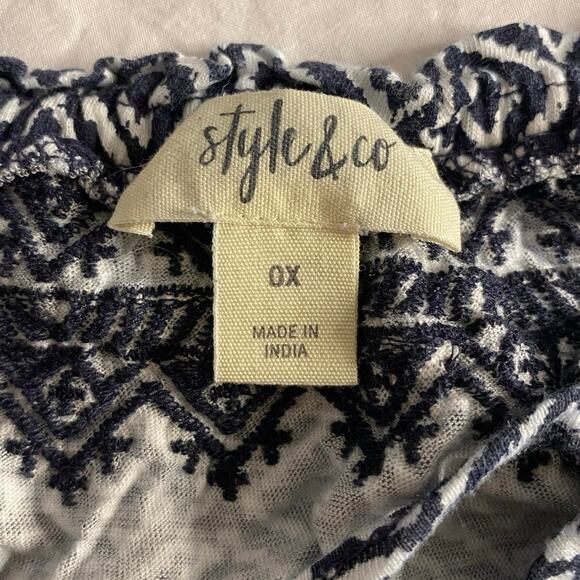 Boho Geometric Print Peasant Blouse Navy White Style & Co 0X - Picture 3 of 6